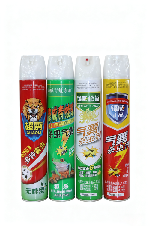 FENGWEI and CHAOLI 750ml large capacity aerosol insecticide sprays from ShengBao Chemical factory, featuring high-efficiency 0.60% pest control formula.
