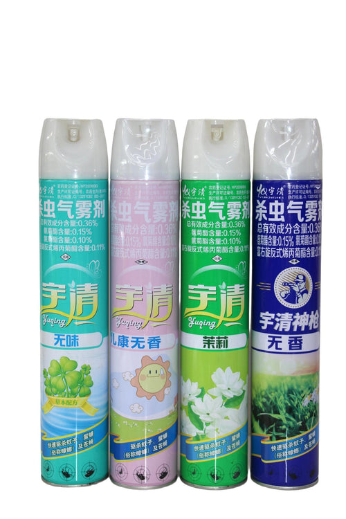 Yuqing family-safe aerosol insecticide spray series from ShengBao Chemical factory, featuring gentle odorless and jasmine scented formulas.